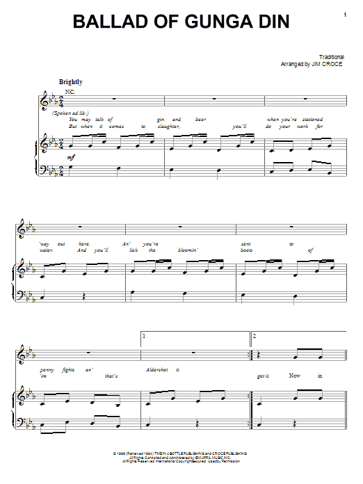 Download Jim Croce Ballad Of Gunga Din Sheet Music and learn how to play Piano, Vocal & Guitar (Right-Hand Melody) PDF digital score in minutes