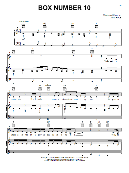 Download Jim Croce Box Number 10 Sheet Music and learn how to play Piano, Vocal & Guitar (Right-Hand Melody) PDF digital score in minutes
