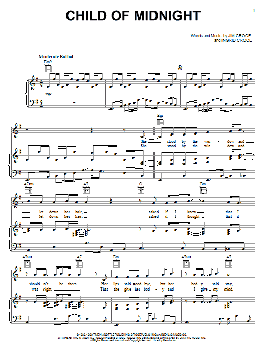 Download Jim Croce Child Of Midnight Sheet Music and learn how to play Piano, Vocal & Guitar (Right-Hand Melody) PDF digital score in minutes