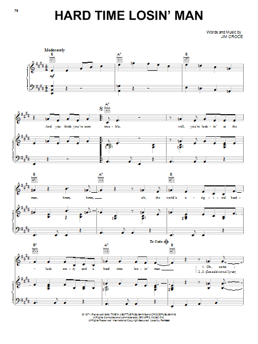 Download Jim Croce Hard Time Losin' Man Sheet Music and learn how to play Lyrics & Chords PDF digital score in minutes