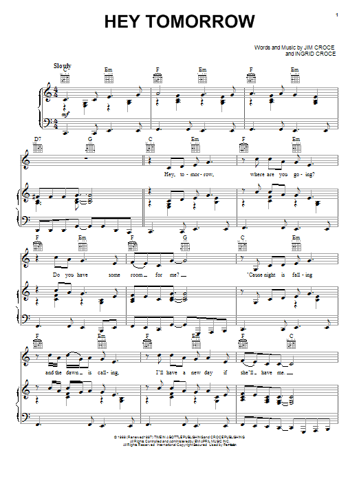 Download Jim Croce Hey Tomorrow Sheet Music and learn how to play Lyrics & Chords PDF digital score in minutes