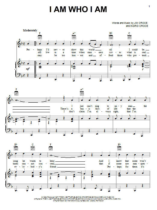 Download Jim Croce I Am Who I Am Sheet Music and learn how to play Piano, Vocal & Guitar (Right-Hand Melody) PDF digital score in minutes