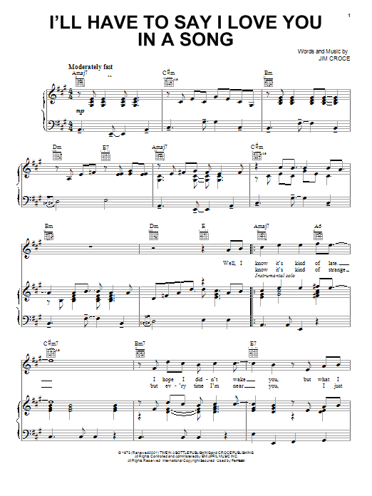 Download Jim Croce I'll Have To Say I Love You In A Song Sheet Music and learn how to play Very Easy Piano PDF digital score in minutes