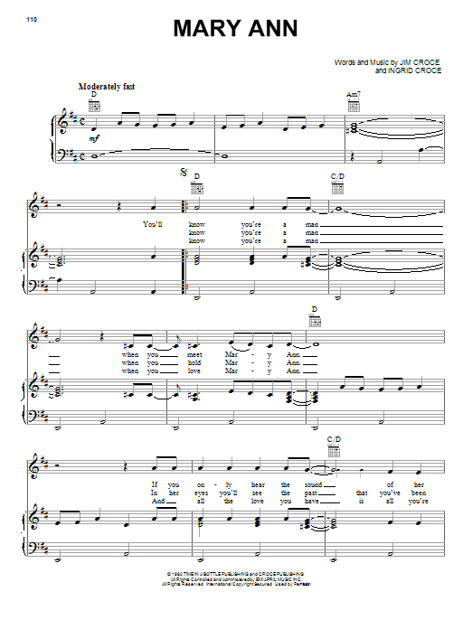 Download Jim Croce Mary Ann Sheet Music and learn how to play Piano, Vocal & Guitar (Right-Hand Melody) PDF digital score in minutes