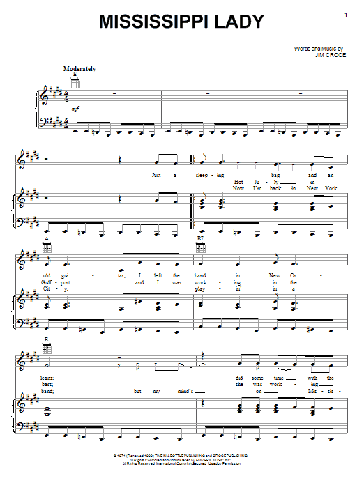 Download Jim Croce Mississippi Lady Sheet Music and learn how to play Piano, Vocal & Guitar (Right-Hand Melody) PDF digital score in minutes