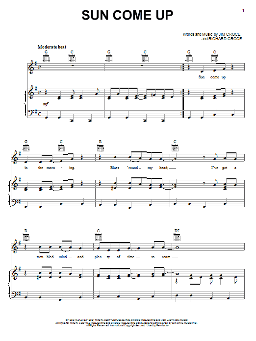 Download Jim Croce Sun Come Up Sheet Music and learn how to play Piano, Vocal & Guitar (Right-Hand Melody) PDF digital score in minutes