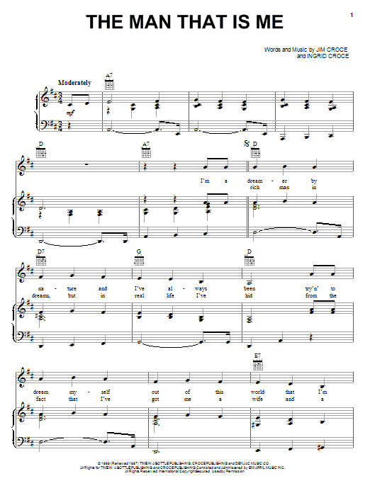 Download Jim Croce The Man That Is Me Sheet Music and learn how to play Piano, Vocal & Guitar (Right-Hand Melody) PDF digital score in minutes