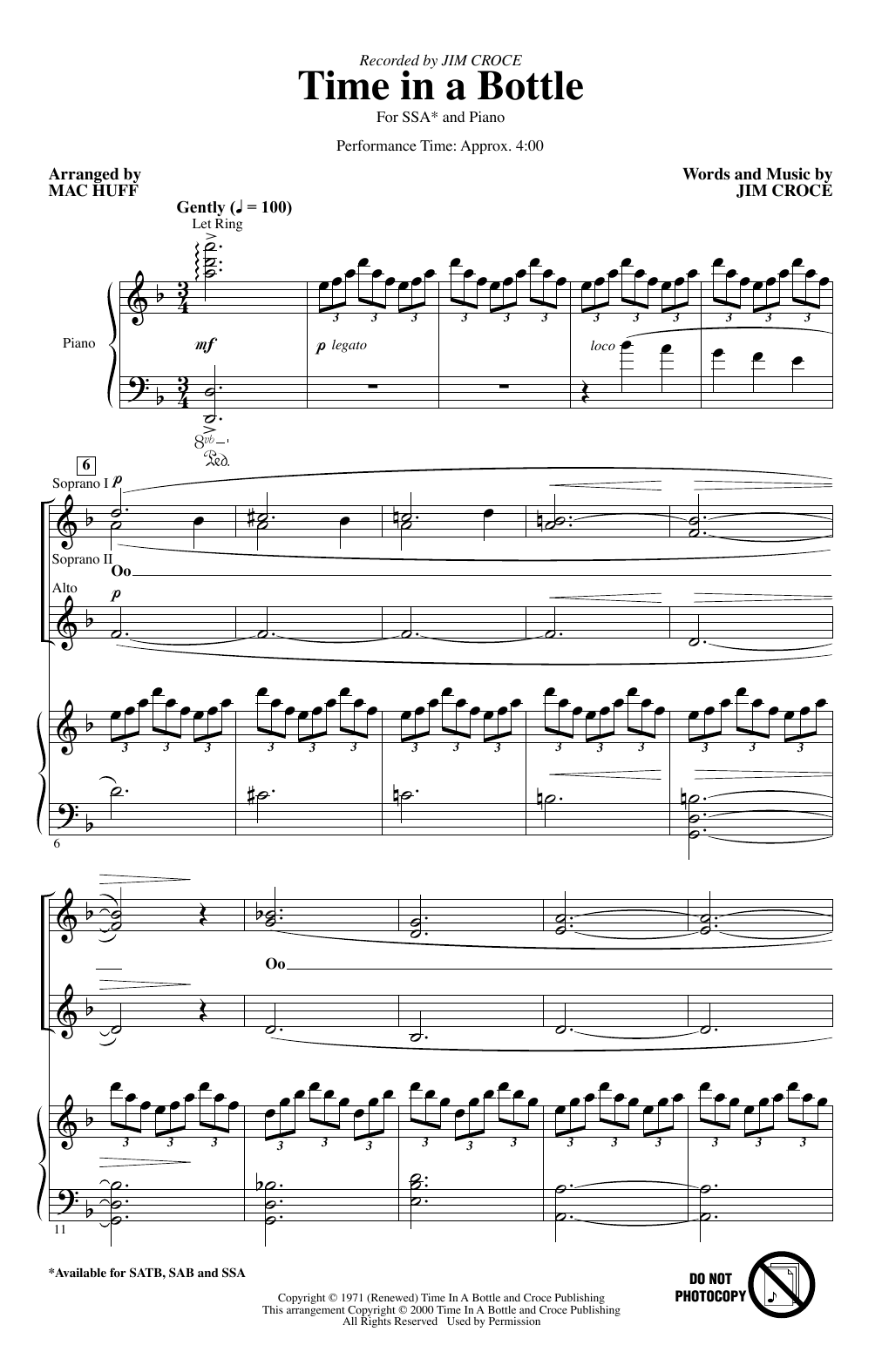 Download Jim Croce Time In A Bottle (arr. Mac Huff) Sheet Music and learn how to play SATB Choir PDF digital score in minutes