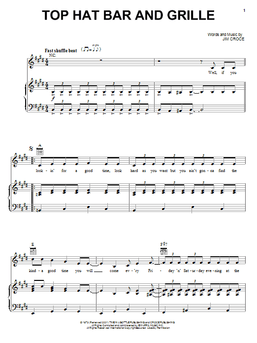 Download Jim Croce Top Hat Bar And Grille Sheet Music and learn how to play Lyrics & Chords PDF digital score in minutes