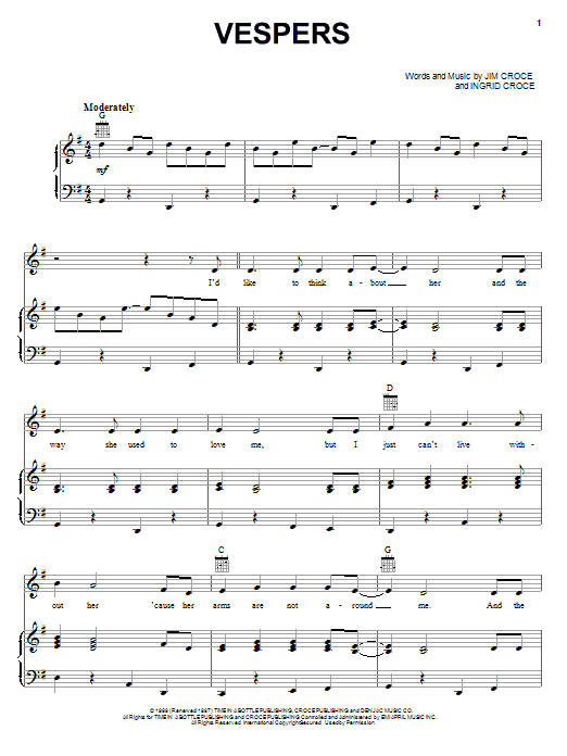 Download Jim Croce Vespers Sheet Music and learn how to play Lyrics & Chords PDF digital score in minutes