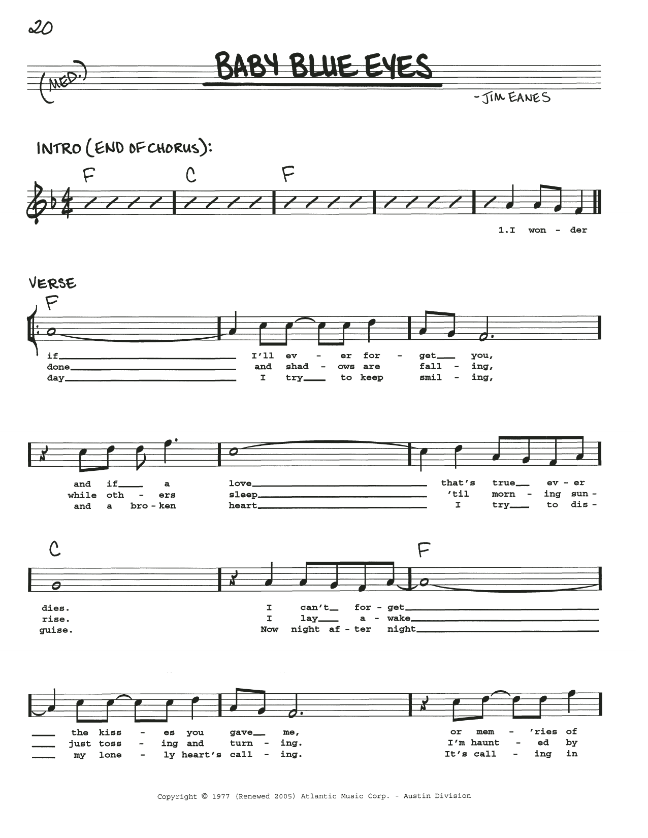Download Jim Eanes Baby Blue Eyes Sheet Music and learn how to play Real Book – Melody, Lyrics & Chords PDF digital score in minutes