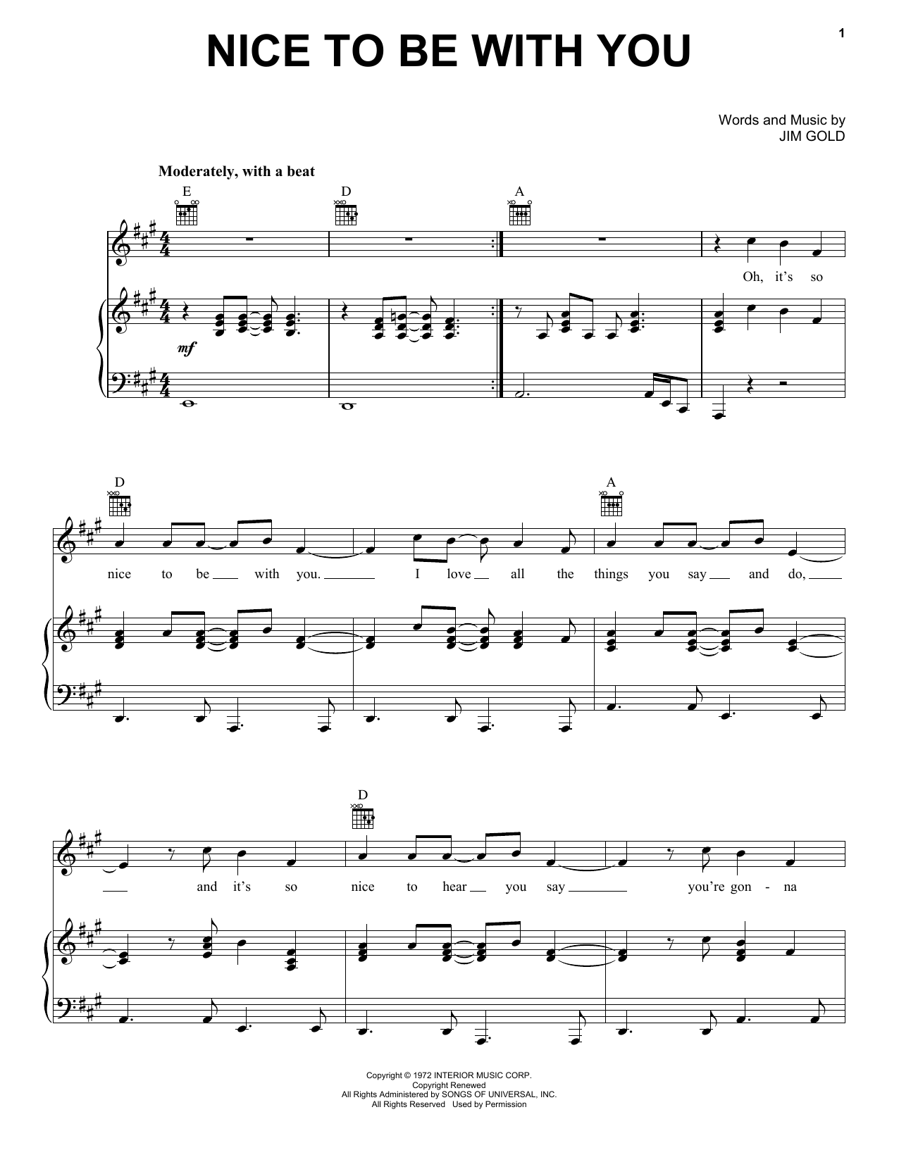 Download Jim Gold Nice To Be With You Sheet Music and learn how to play Piano, Vocal & Guitar (Right-Hand Melody) PDF digital score in minutes