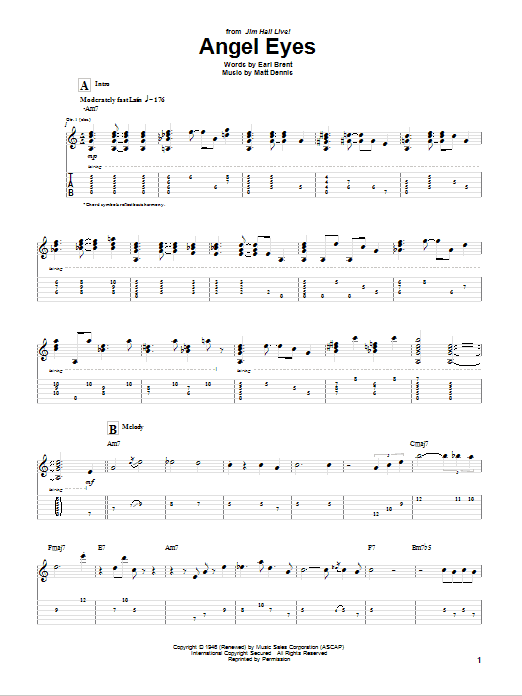 Download Jim Hall Angel Eyes Sheet Music and learn how to play Guitar Tab PDF digital score in minutes