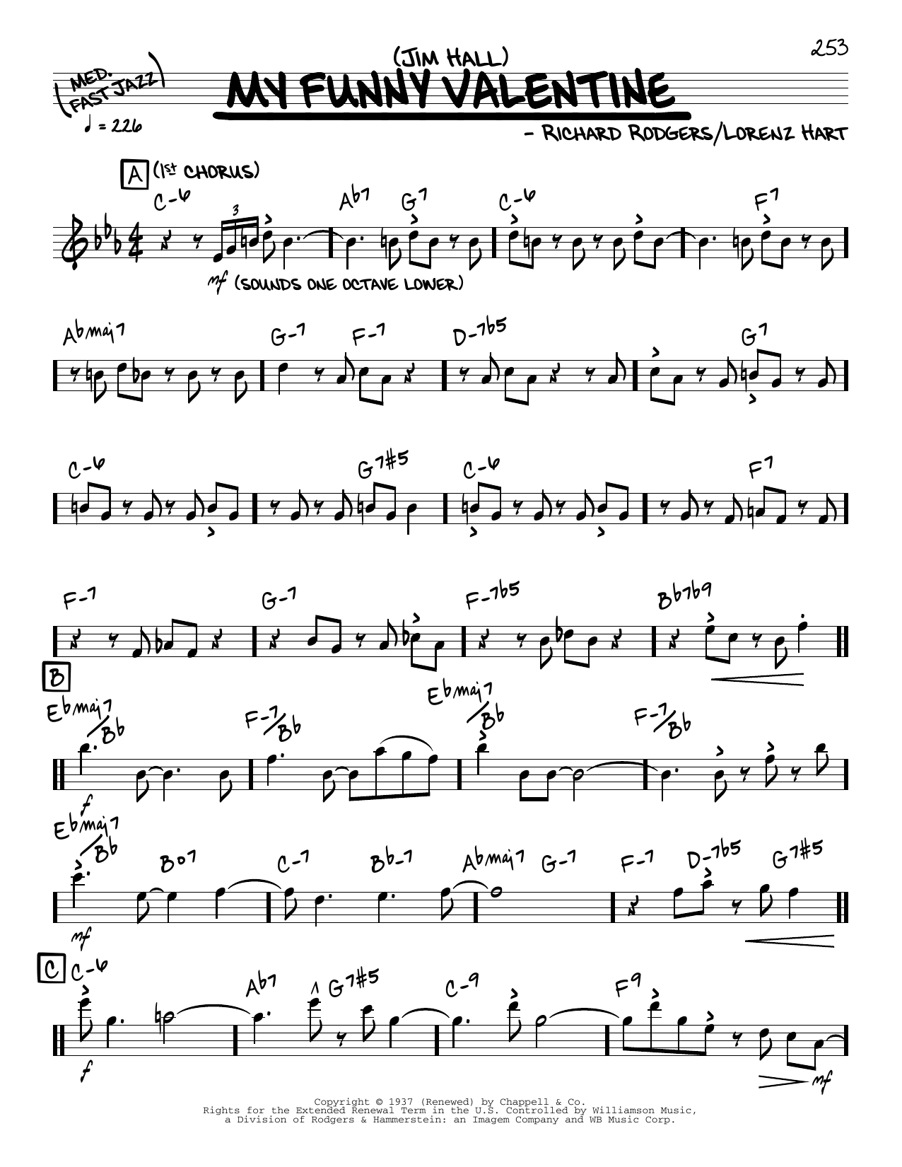 Download Jim Hall My Funny Valentine (solo only) Sheet Music and learn how to play Real Book – Melody & Chords PDF digital score in minutes