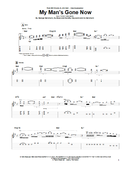 Download Jim Hall My Man's Gone Now Sheet Music and learn how to play Guitar Tab PDF digital score in minutes