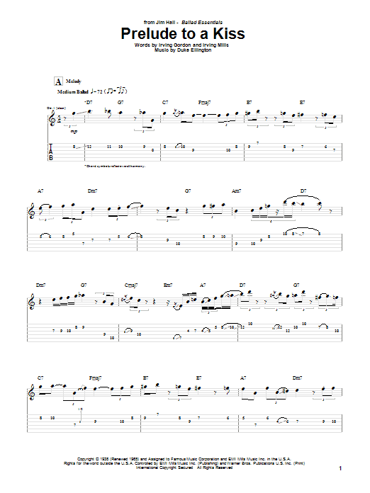 Download Jim Hall Prelude To A Kiss Sheet Music and learn how to play Guitar Tab PDF digital score in minutes