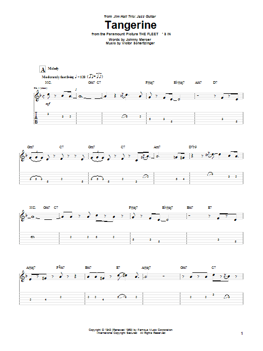 Download Jim Hall Tangerine Sheet Music and learn how to play Guitar Tab PDF digital score in minutes