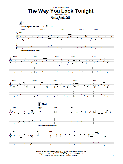 Download Jim Hall The Way You Look Tonight Sheet Music and learn how to play Guitar Tab PDF digital score in minutes