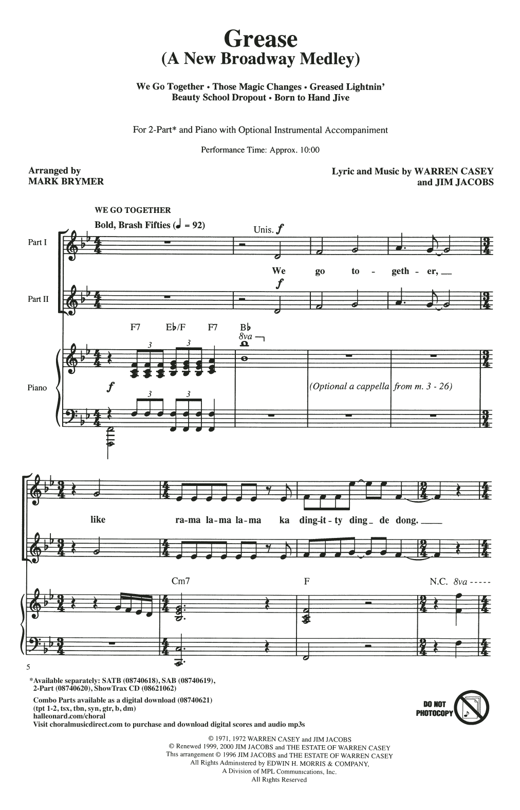 Download Jim Jacobs & Warren Casey Grease: A New Broadway Medley (arr. Mark Brymer) Sheet Music and learn how to play SATB Choir PDF digital score in minutes