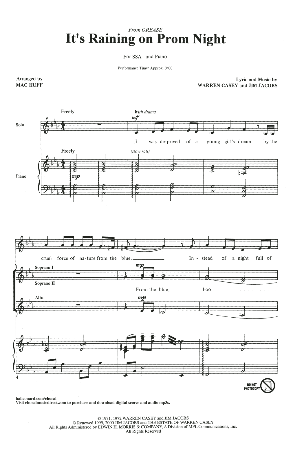Download Jim Jacobs & Warren Casey It's Raining On Prom Night (arr. Mac Huff) Sheet Music and learn how to play SSA Choir PDF digital score in minutes
