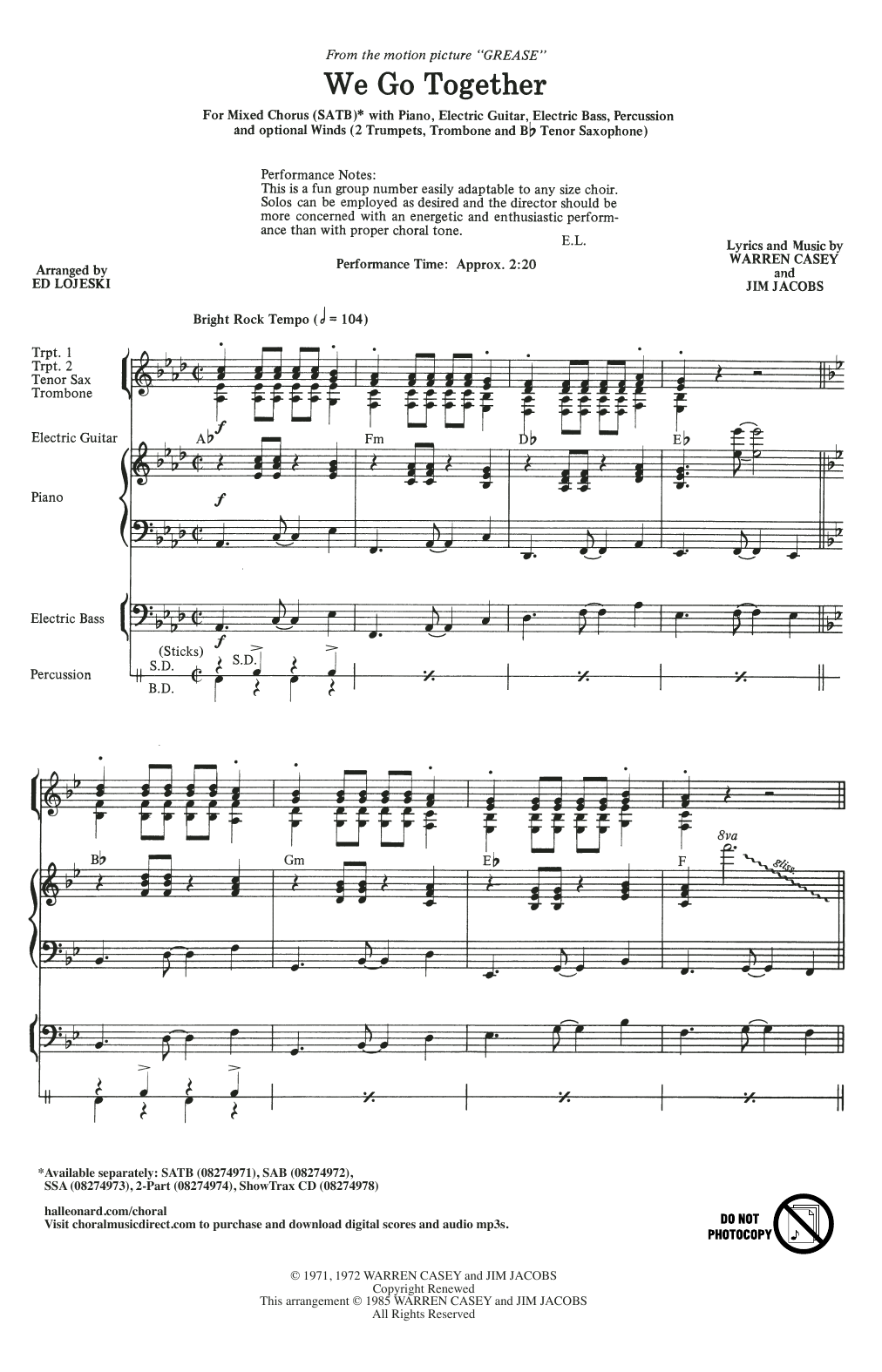 Download Jim Jacobs & Warren Casey We Go Together (from Grease) (arr. Ed Lojeski) Sheet Music and learn how to play 2-Part Choir PDF digital score in minutes