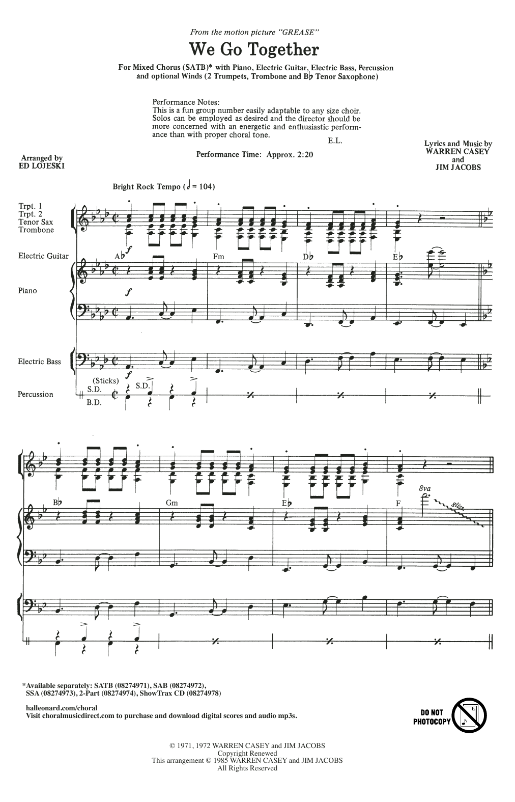 Download Jim Jacobs & Warren Casey We Go Together (from Grease) (arr. Ed Lojeski) Sheet Music and learn how to play SATB Choir PDF digital score in minutes