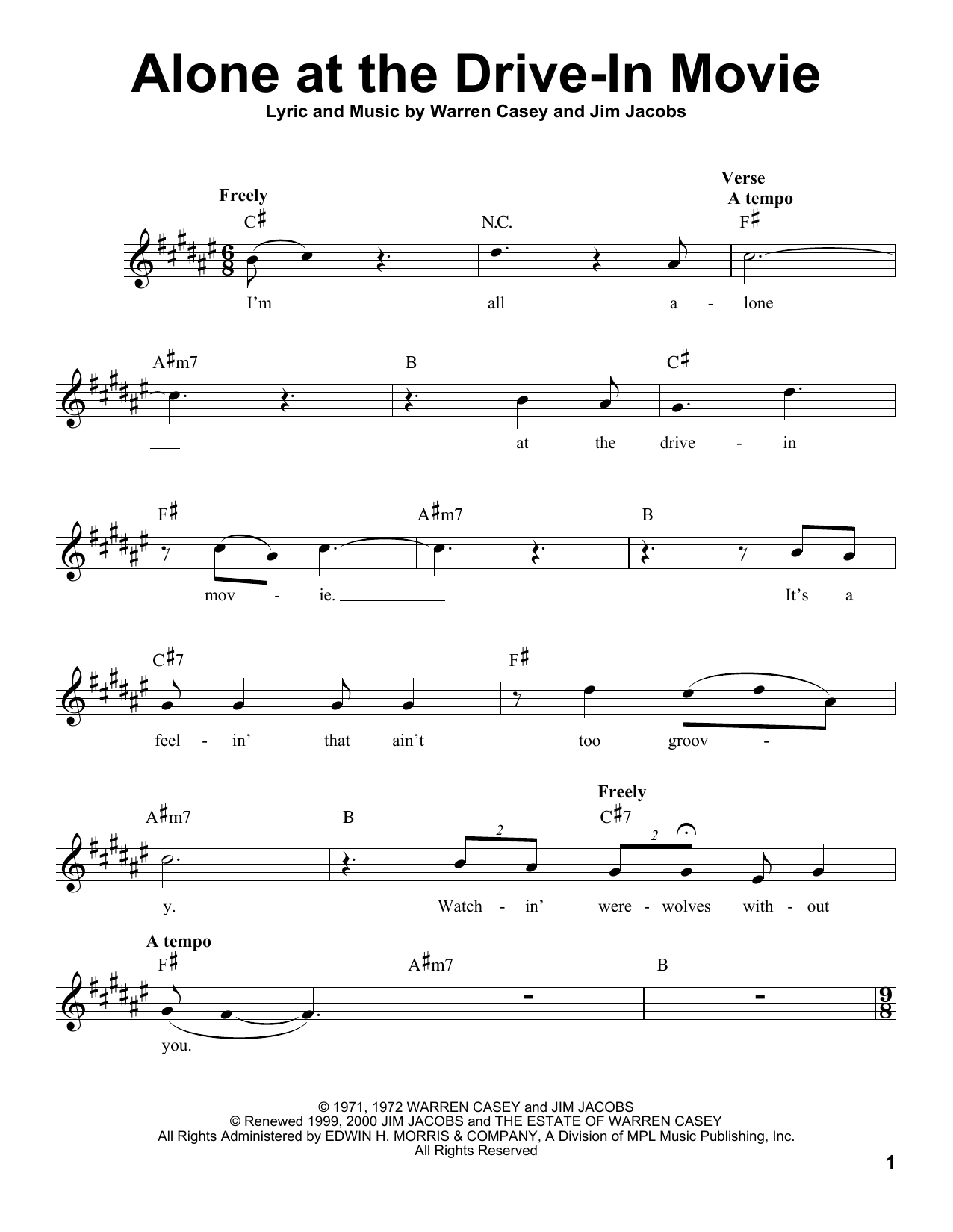 Download Jim Jacobs Alone At The Drive-In Movie Sheet Music and learn how to play Voice PDF digital score in minutes