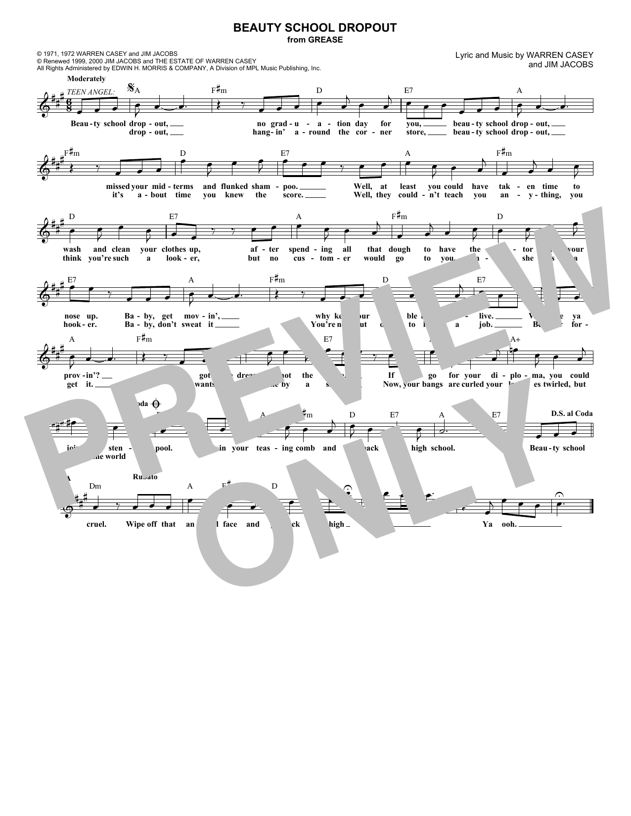 Download Jim Jacobs Beauty School Dropout Sheet Music and learn how to play Melody Line, Lyrics & Chords PDF digital score in minutes