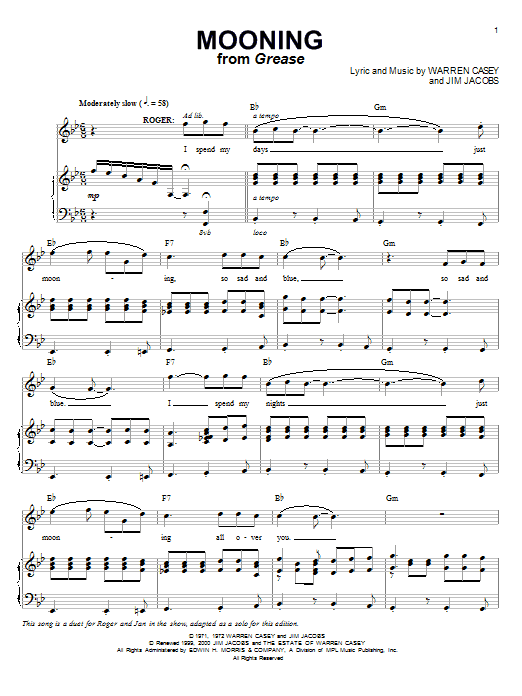 Download Jim Jacobs Mooning Sheet Music and learn how to play Piano, Vocal & Guitar (Right-Hand Melody) PDF digital score in minutes