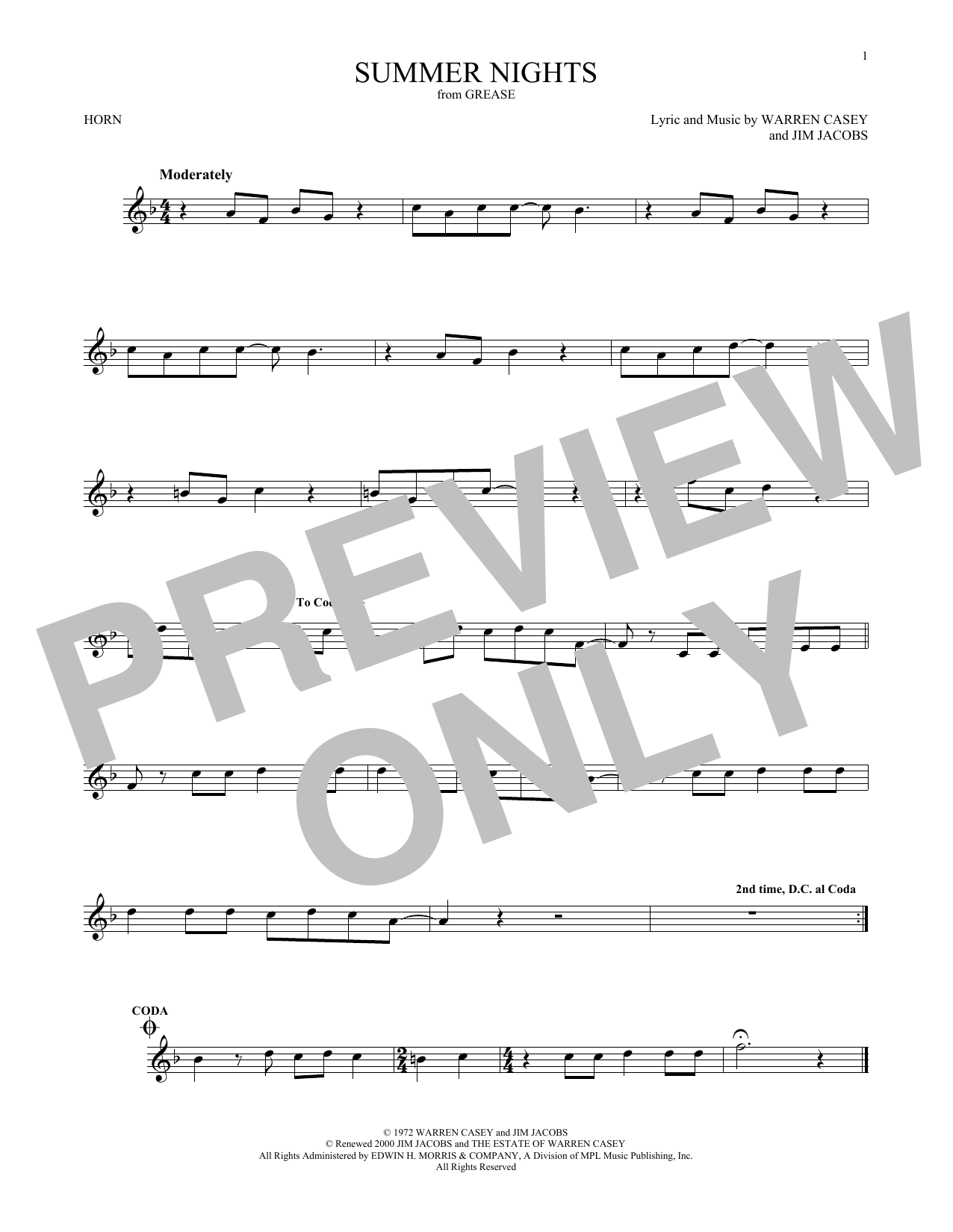 Download Jim Jacobs Summer Nights Sheet Music and learn how to play French Horn PDF digital score in minutes