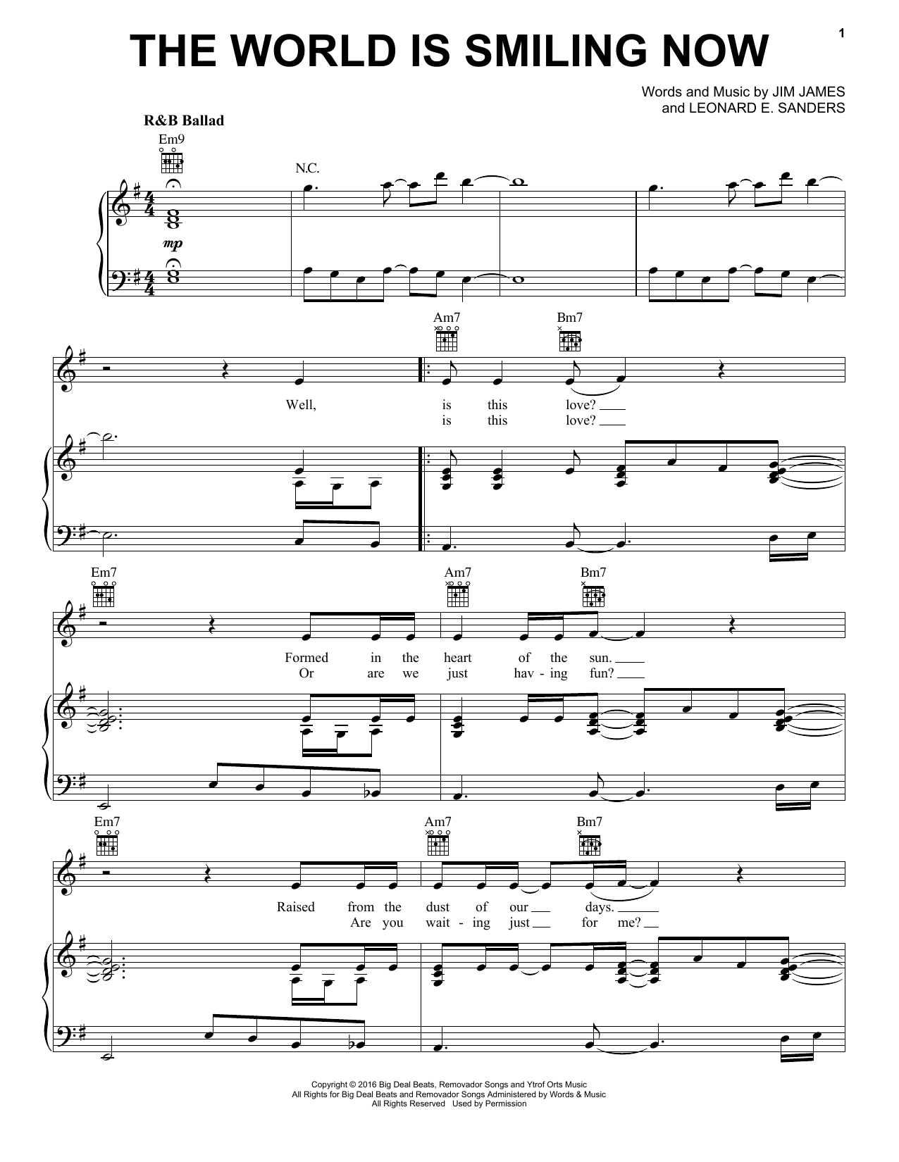 Download Jim James The World Is Smiling Now Sheet Music and learn how to play Piano, Vocal & Guitar (Right-Hand Melody) PDF digital score in minutes