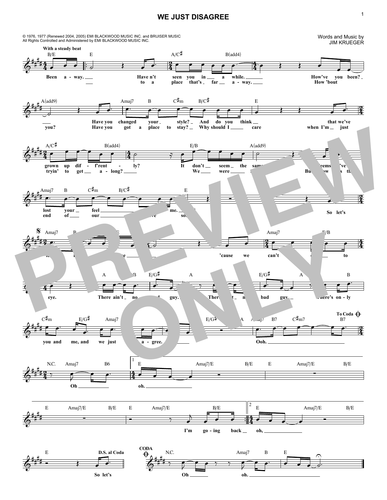 Download Jim Krueger We Just Disagree Sheet Music and learn how to play Melody Line, Lyrics & Chords PDF digital score in minutes