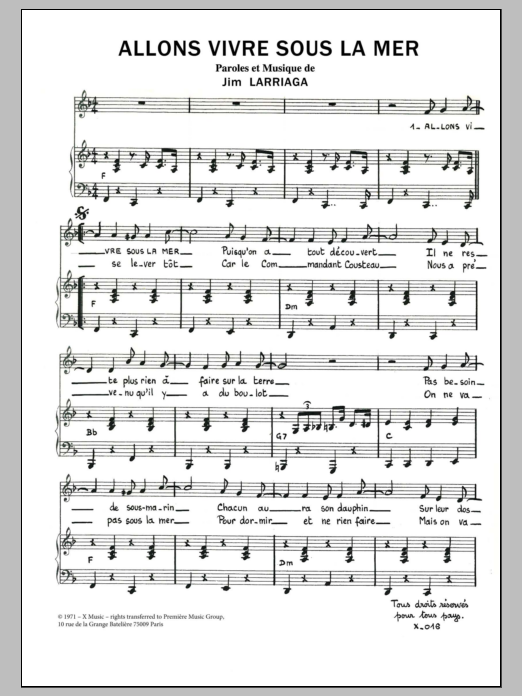 Download Jim Larriaga Allons Vivre Sous La Mer Sheet Music and learn how to play Piano & Vocal PDF digital score in minutes