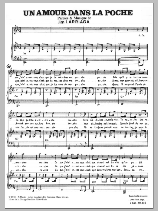 Download Jim Larriaga Amour Dans La Poche Sheet Music and learn how to play Piano & Vocal PDF digital score in minutes