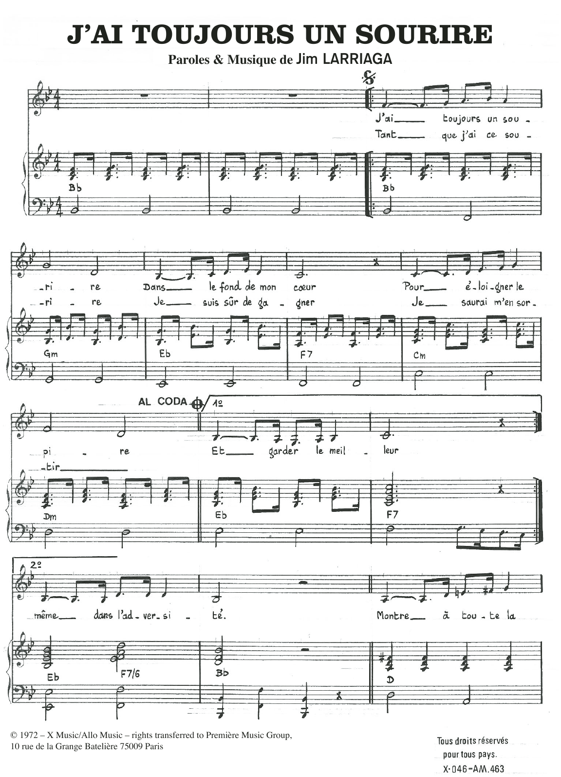 Download Jim Larriaga J'ai Toujours un Sourire Sheet Music and learn how to play Piano & Vocal PDF digital score in minutes