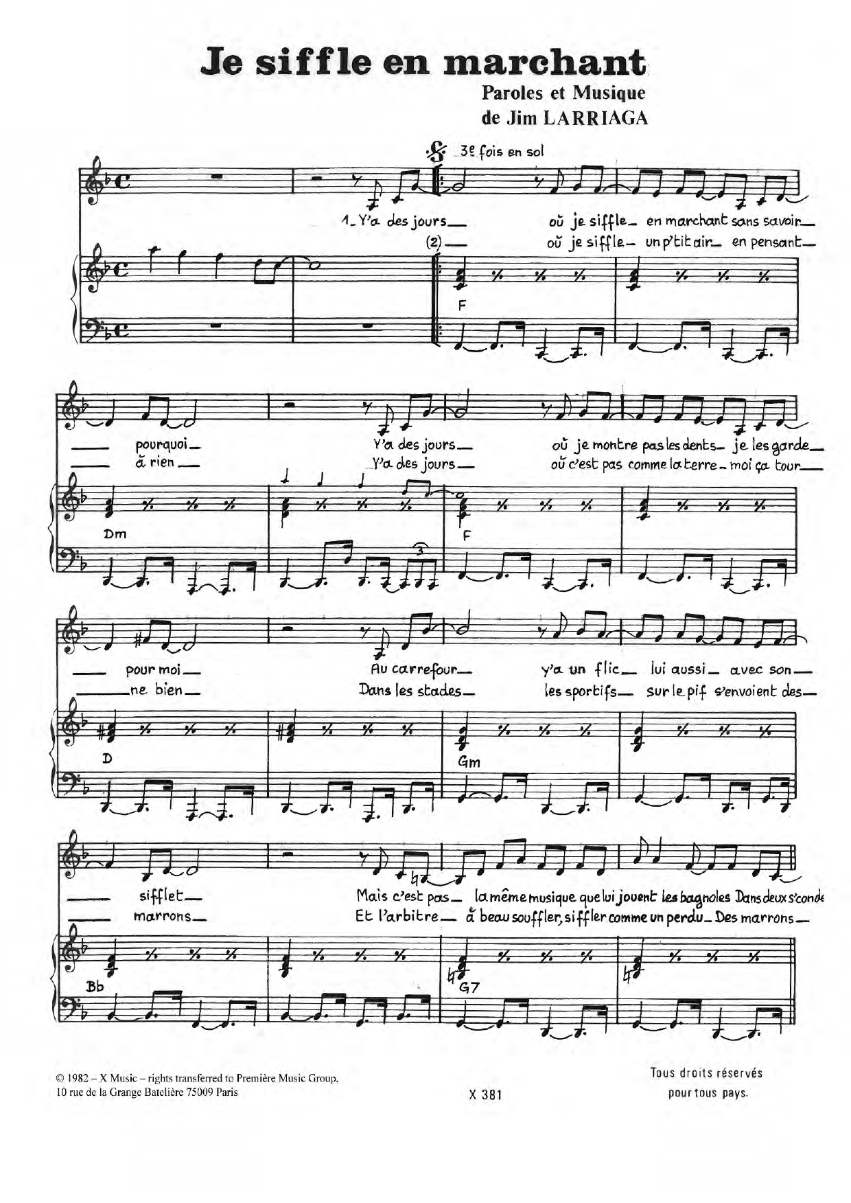 Download Jim Larriaga Je Siffle En Marchant Sheet Music and learn how to play Piano & Vocal PDF digital score in minutes