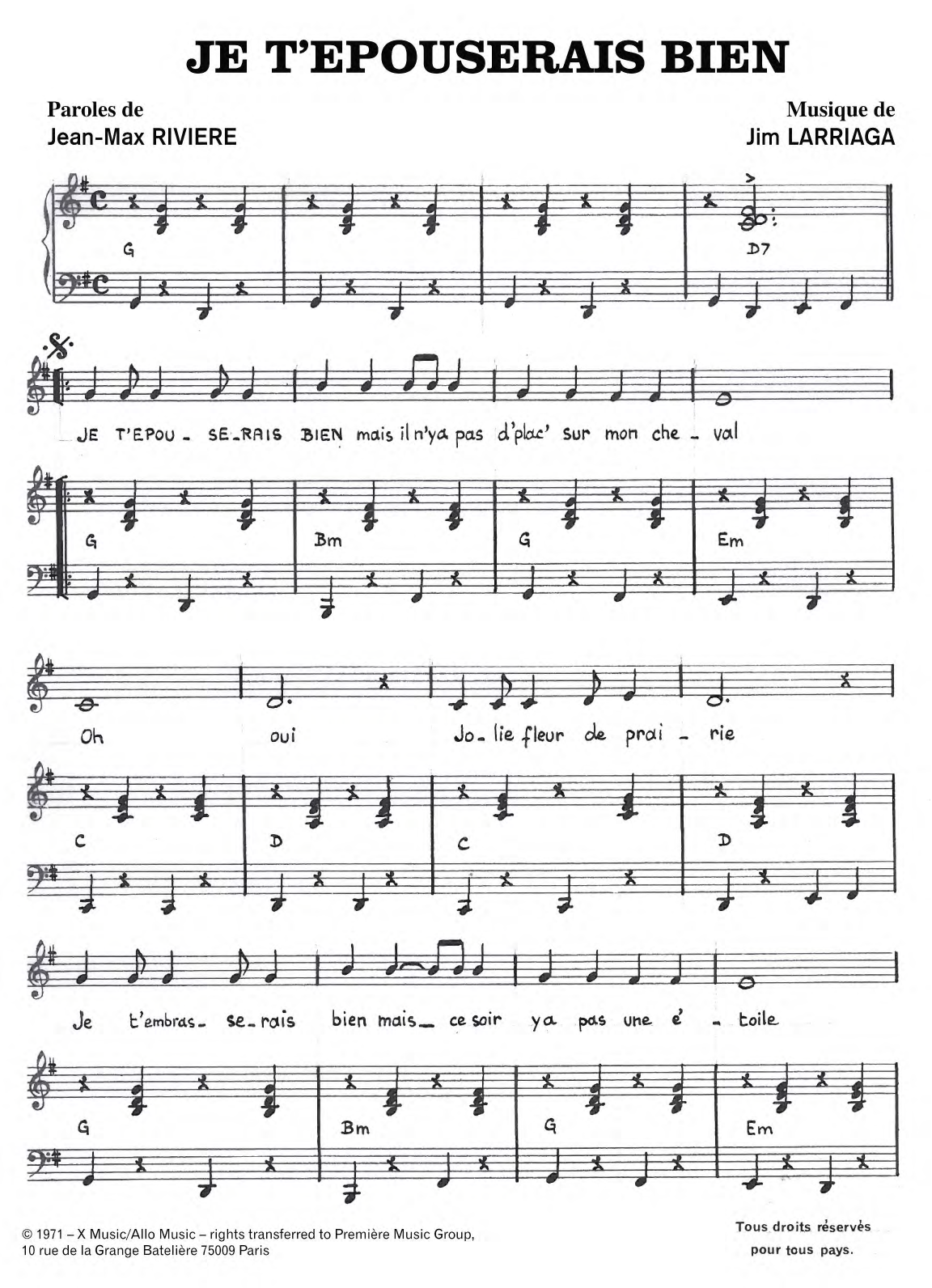 Download Jim Larriaga Je t'espouserai Bien Sheet Music and learn how to play Piano & Vocal PDF digital score in minutes