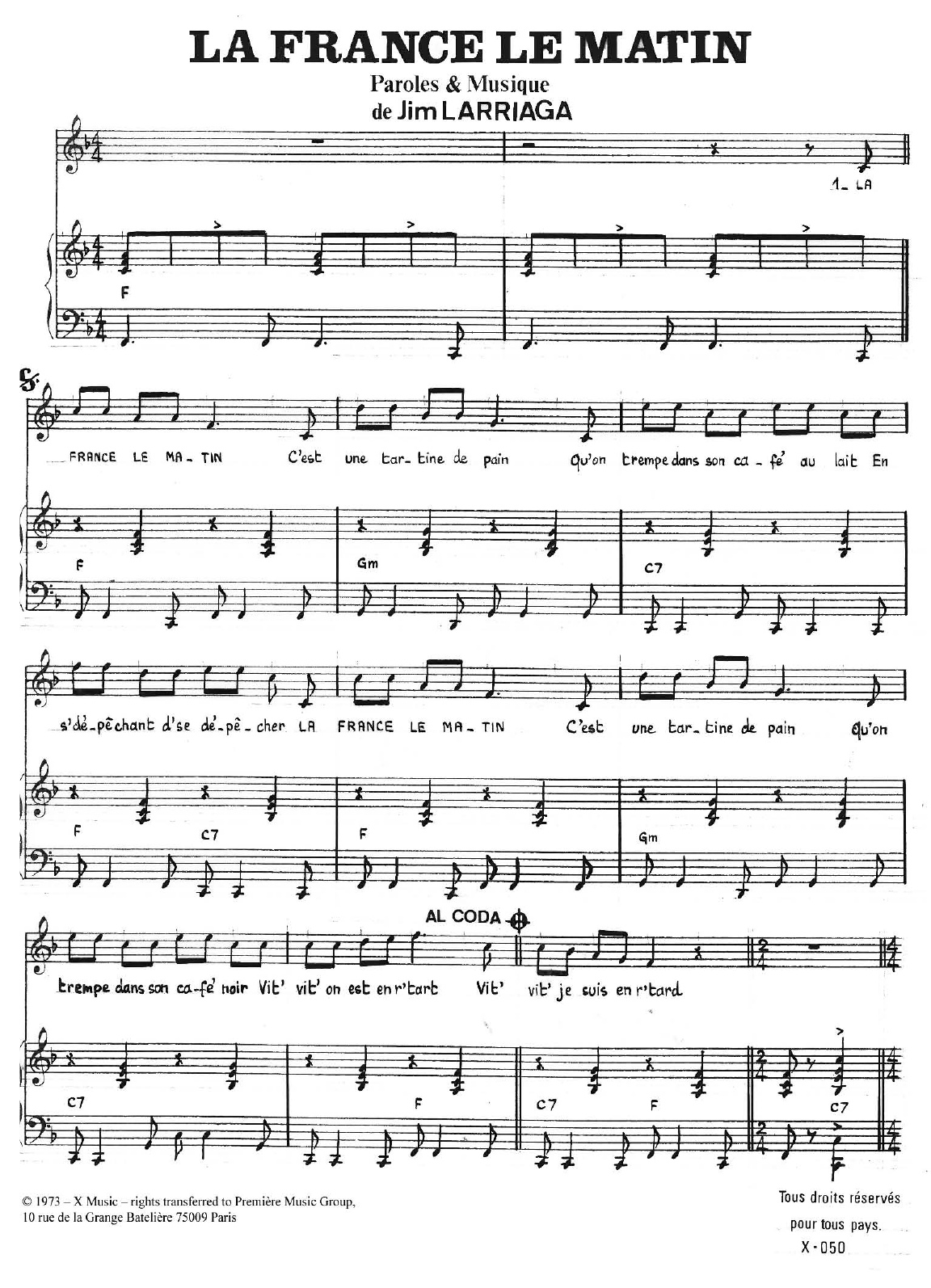 Download Jim Larriaga La France Le Matin Sheet Music and learn how to play Piano & Vocal PDF digital score in minutes