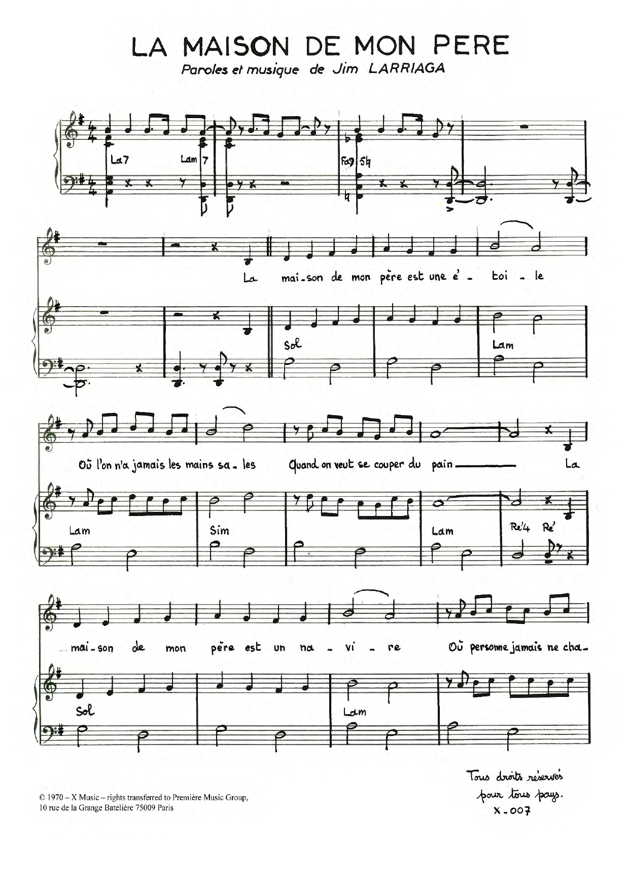 Download Jim Larriaga La Maison De Mon Pere Sheet Music and learn how to play Piano & Vocal PDF digital score in minutes