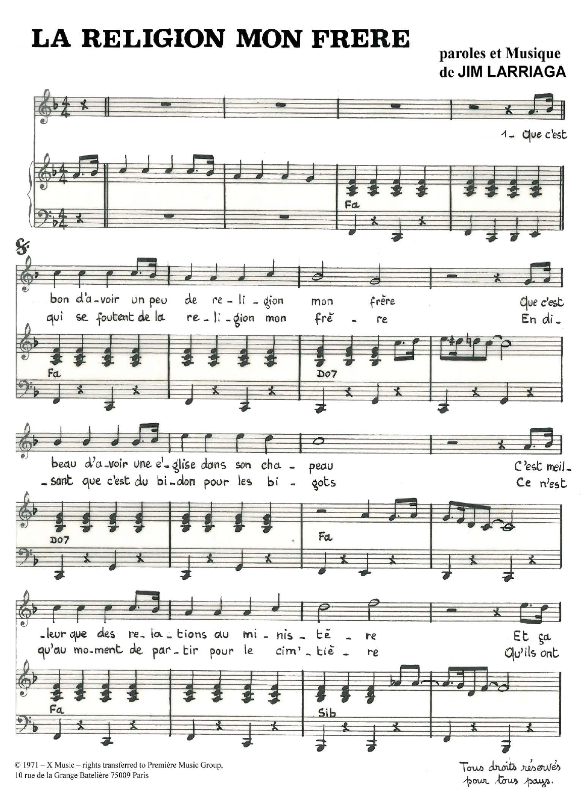 Download Jim Larriaga La Religion Mon Frere Sheet Music and learn how to play Piano & Vocal PDF digital score in minutes