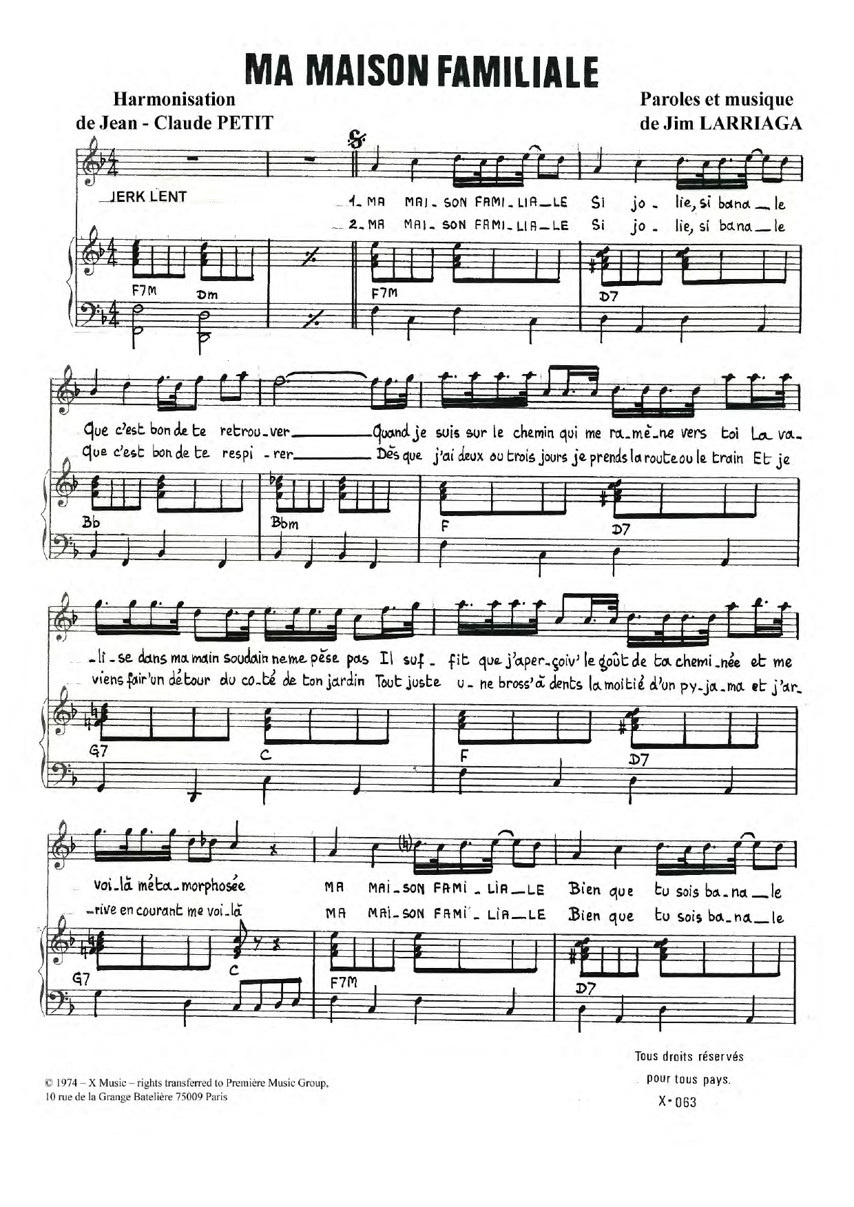 Download Jim Larriaga Ma Maison Familiale Sheet Music and learn how to play Piano & Vocal PDF digital score in minutes