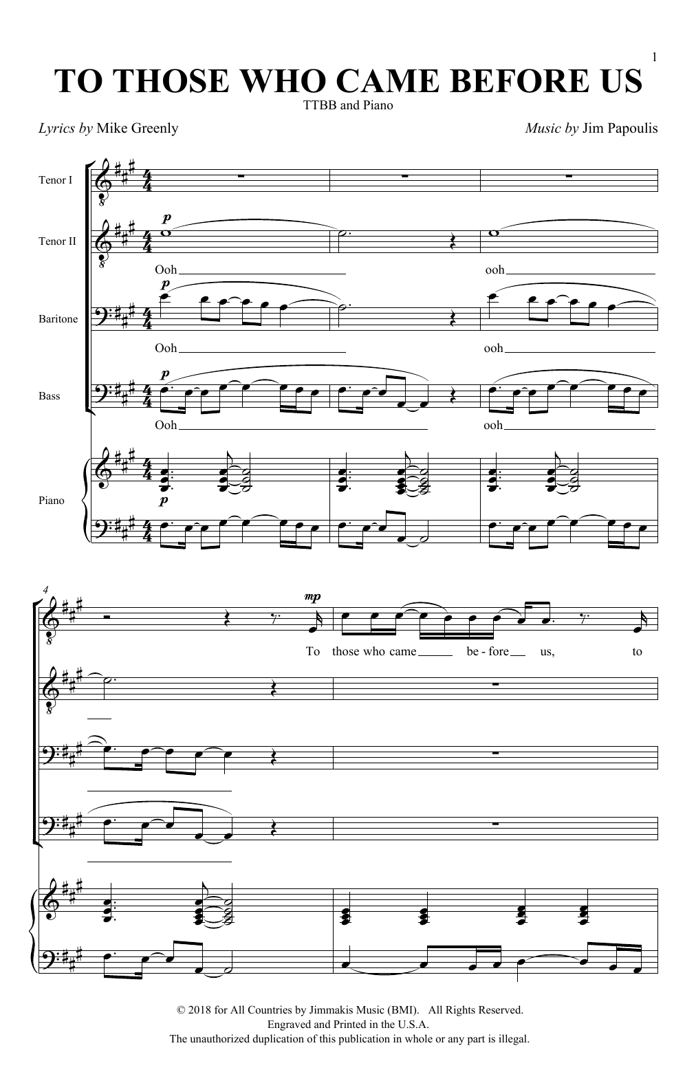 Download Jim Papoulis & Mike Greenly To Those Who Came Before Us Sheet Music and learn how to play TTBB Choir PDF digital score in minutes