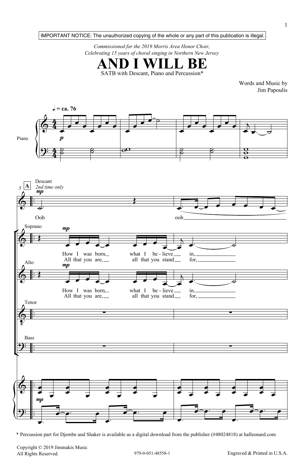 Download Jim Papoulis And I Will Be Sheet Music and learn how to play SATB Choir PDF digital score in minutes