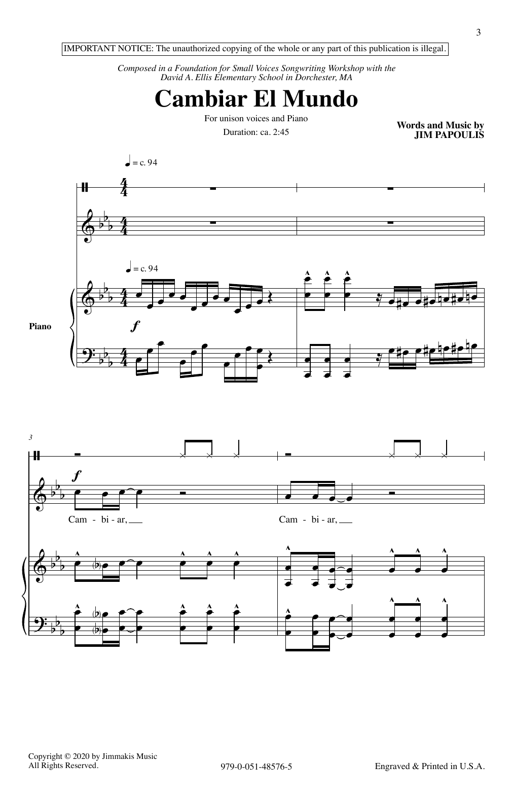 Download Jim Papoulis Cambiar El Mundo Sheet Music and learn how to play Unison Choir PDF digital score in minutes