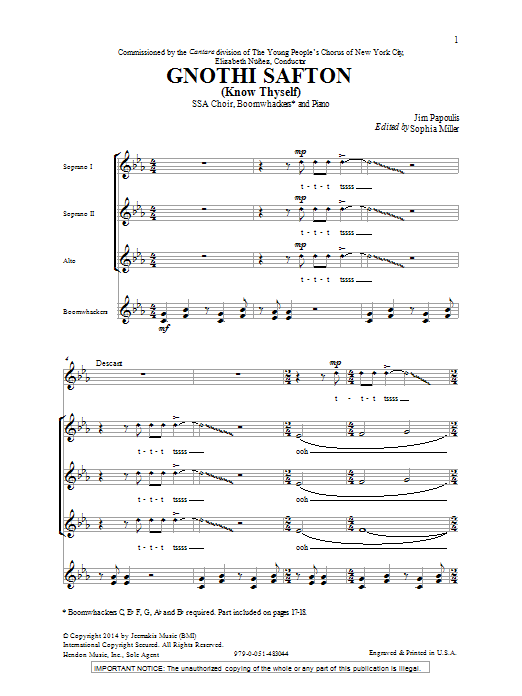 Download Jim Papoulis Gnothi Safton Sheet Music and learn how to play SSA PDF digital score in minutes