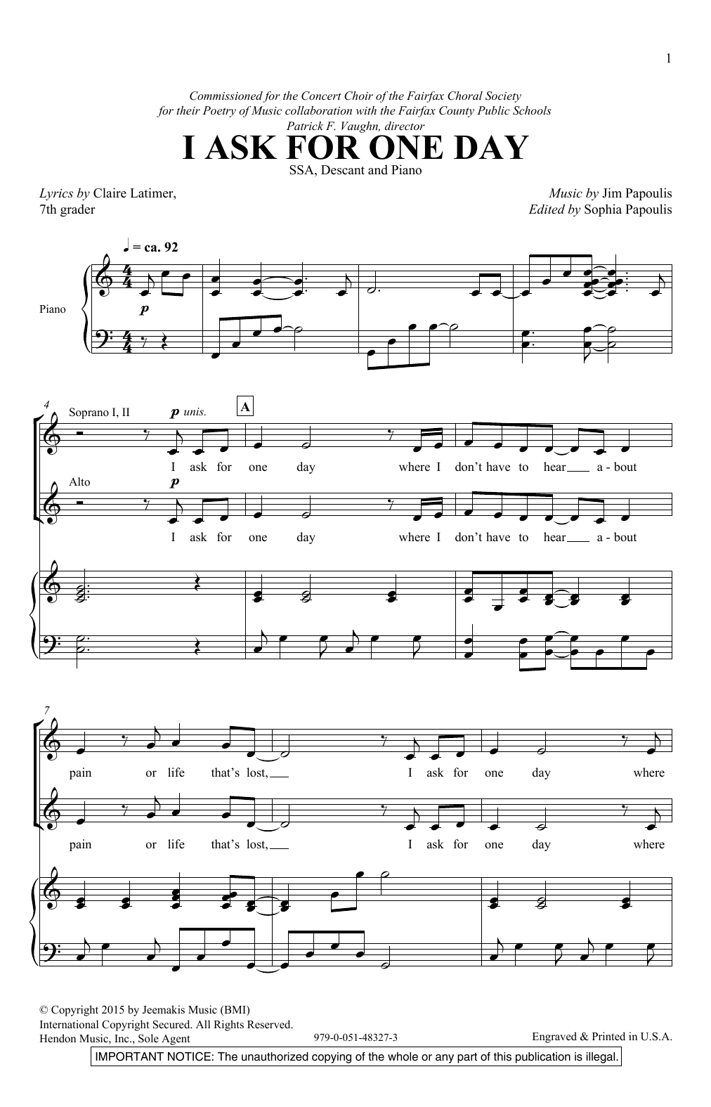 Download Jim Papoulis I Ask For One Day Sheet Music and learn how to play Unison Choral PDF digital score in minutes