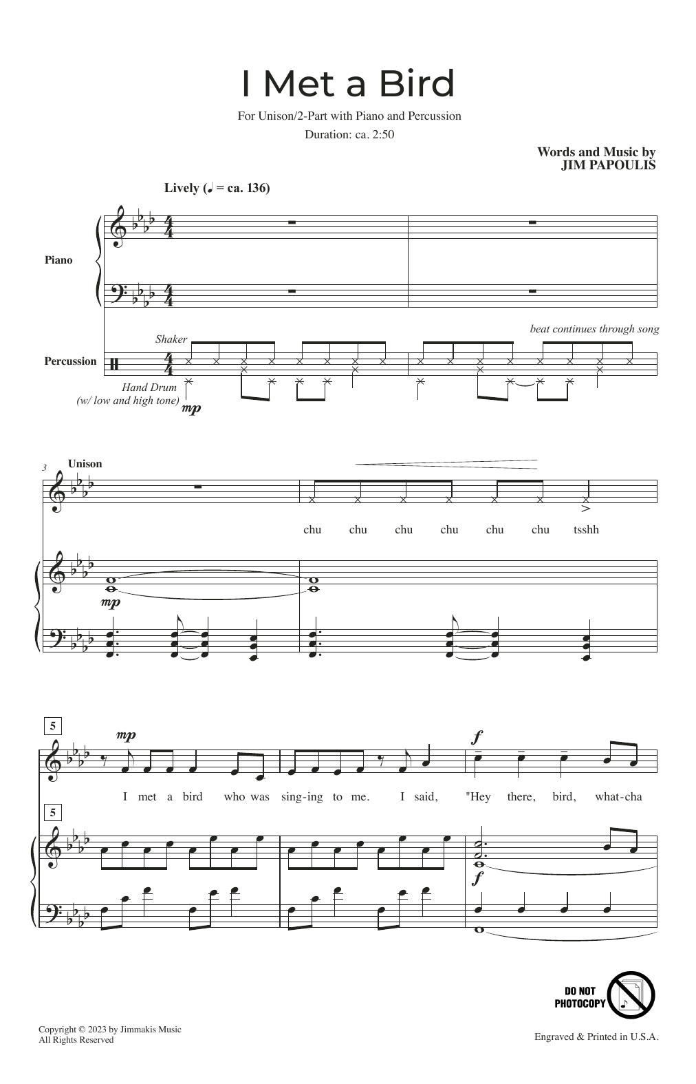 Download Jim Papoulis I Met A Bird Sheet Music and learn how to play Unison Choir PDF digital score in minutes