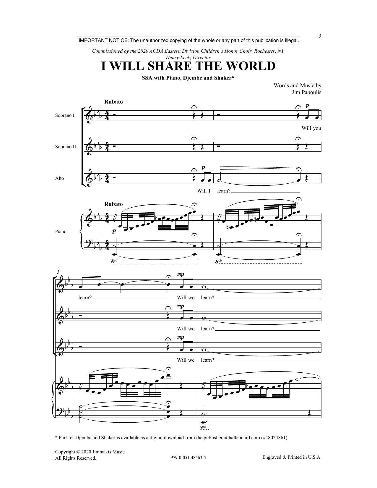 Download Jim Papoulis I Will Share The World Sheet Music and learn how to play SSA Choir PDF digital score in minutes