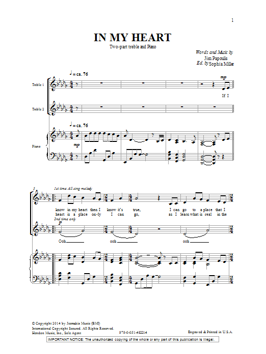 Download Jim Papoulis In My Heart Sheet Music and learn how to play 2-Part Choir PDF digital score in minutes