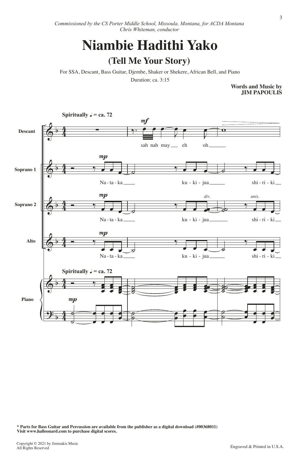 Download Jim Papoulis Niambie Hadithi Yako (Tell Me Your Story) Sheet Music and learn how to play SSA Choir PDF digital score in minutes